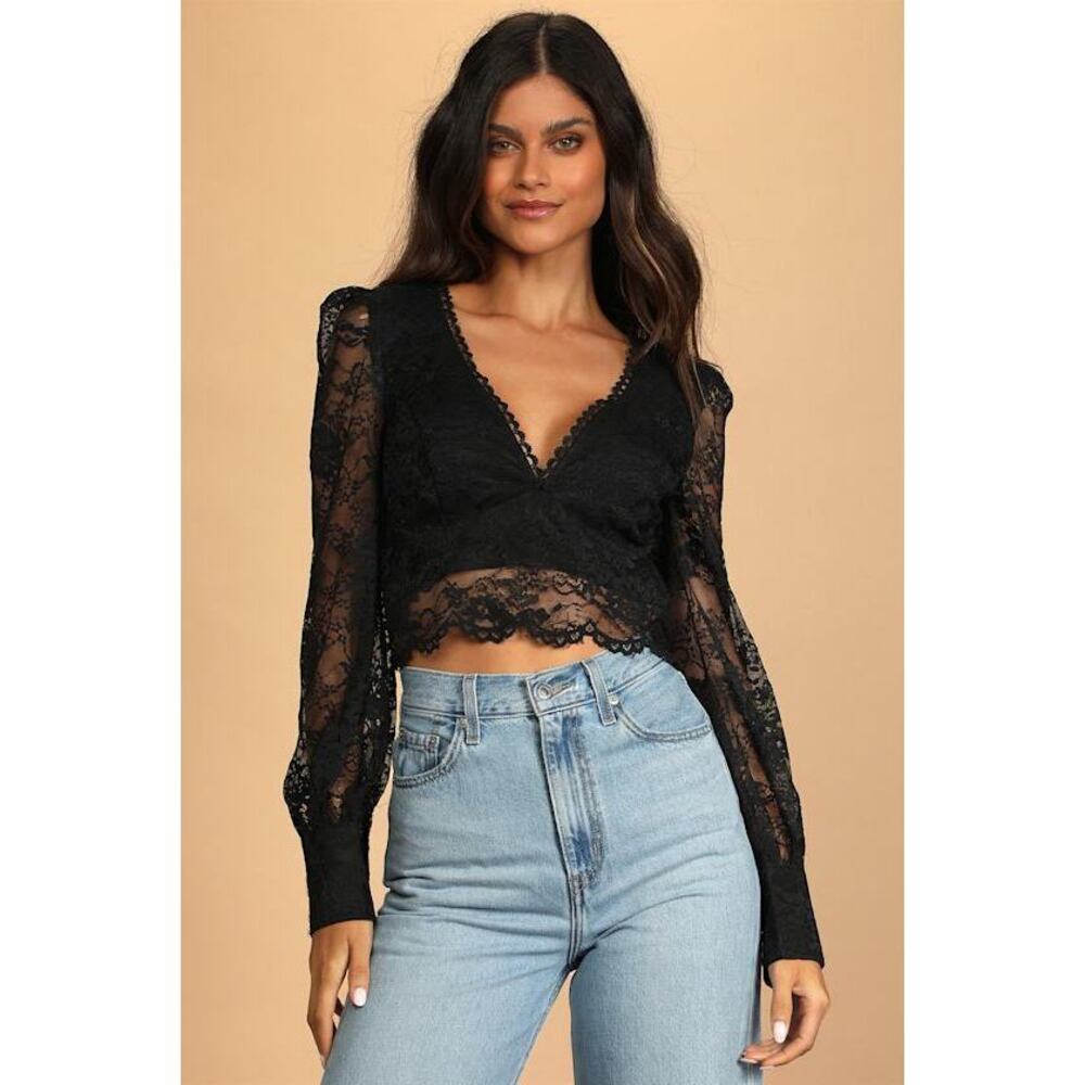 Lulus Sultry Allure Black Lace V-neck Long Sleeve Crop Top - Size XL